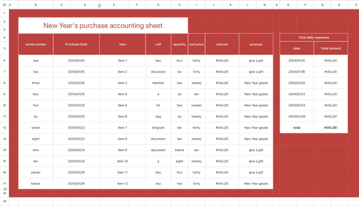 New Year's purchase accounting sheet
